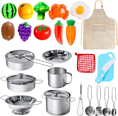 Juego de 28 juguetes de cocina de simulación, juego de cocina con utensilios de cocina de acero inoxidable y accesorios para niños pequeños y niñas