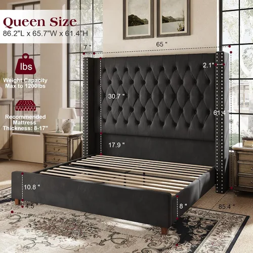 Miniatura 2 de PaPaJet Base de cama Queen con cabecera de ala de 61.4 pulgadas de alto, plataforma tapizada de terciopelo con acolchado de botones profundos,
