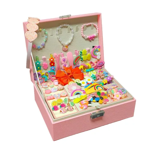 Miniatura 7 de Joyero con accesorios para el cabello para niñas, pinzas para el cabello, pasadores, lazos para el cabello, lazos, anillos de juguete, pulseras