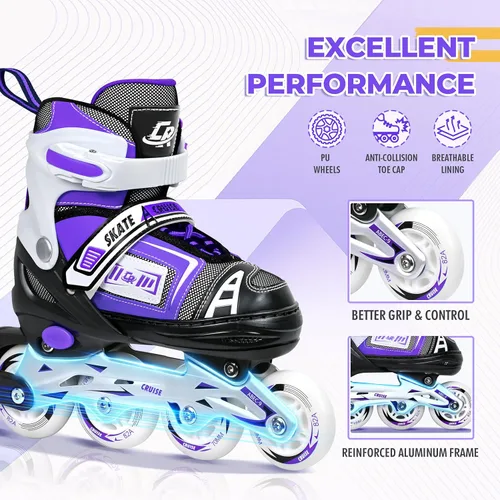 Miniatura 4 de Patines en línea ajustables para niños, adolescentes y adultos - Rodamientos ABEC-7, ruedas de poliuretano, ajuste cómodo, para patinaje en Violeta