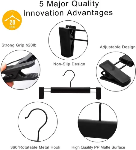 Miniatura 2 de Perchas para pantalones, perchas para faldas, paquete de 20 perchas de plástico negro para pantalones con clips grandes antideslizantes y 360