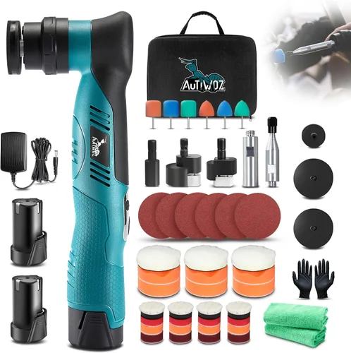 AUTIWOZ Pulidora Mini Inalámbrica de Cambio Rápido de 1/3 Pulgada 12mm y 3mm Orbital, DA/RO Pulidora Pequeña para Detalles de Automóviles con 6