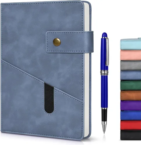 vfaejll Cuaderno de cuero rayado azul A5 para hombres y mujeres, 5.9" X 8.4" Cuaderno diario personalizado de tapa dura con bolígrafo, 200 páginas