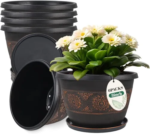 Usocik Paquete de 6 macetas de 8 pulgadas, macetas con patrón retro con agujeros de drenaje y platillo, macetas de jardín de plástico resistentes