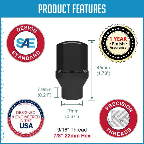 Miniatura 5 de Wheel Accessories Parts 20 tuercas de llanta estilo ET OEM de 9/16"-18 roscas de 1.77 pulgadas de largo, color negro 7/8" 0.866 in 6036433AA