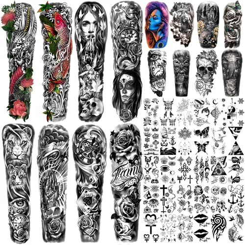 Miniatura 7 de Tatuaje Temporal de Brazo Completo Impermeable para Hombres (L22.8" x A7"), 46 Hojas de Tatuajes Falsos para Mujeres León Tigre Reloj Flor Esqueleto