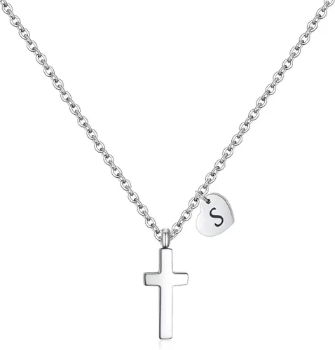 Tiny Cross Necklace for Girls Heart Initial Necklace Heart Birthstone Necklace Letter Stainless Steel Pendant Jewelry First Communion Baptism