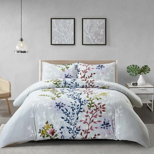 Miniatura 11 de Style Quarters Dahlia Lane - Juego de funda de edredón de 3 piezas, tallos florales multicolor con siluetas de hojas blancas, 100% algodón, lavable
