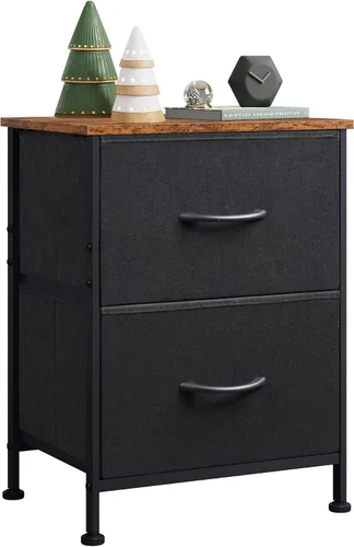 Miniatura 26 de WLIVE Mesita de noche negra, cómoda pequeña con 2 cajones y superficie de madera, mesita de noche con cestas de tela, mesa de cabecera mesa auxiliar