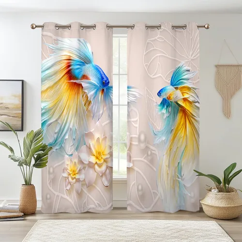 Miniatura 13 de Renaiss Cortinas de carpa para ventana, 29 pulgadas de ancho x 45 pulgadas de alto, pintura de tinta oriental, hojas de loto, lirio de agua negro