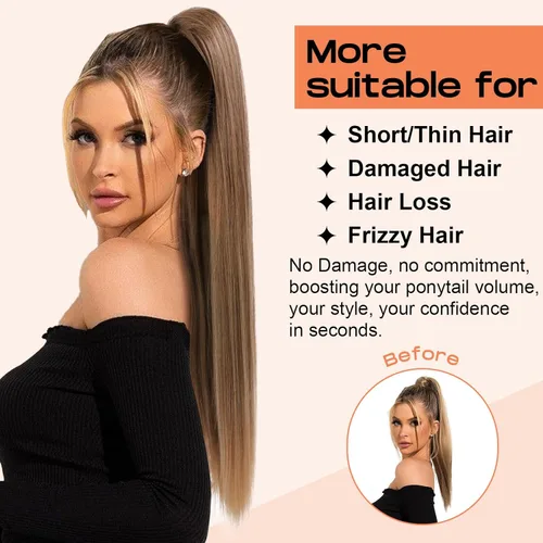 Miniatura 5 de SEIKEA Extensiones de cola de caballo con cordón, larga y recta, cola de caballo falsa, natural, suave, extensiones de cabello sintético resistente