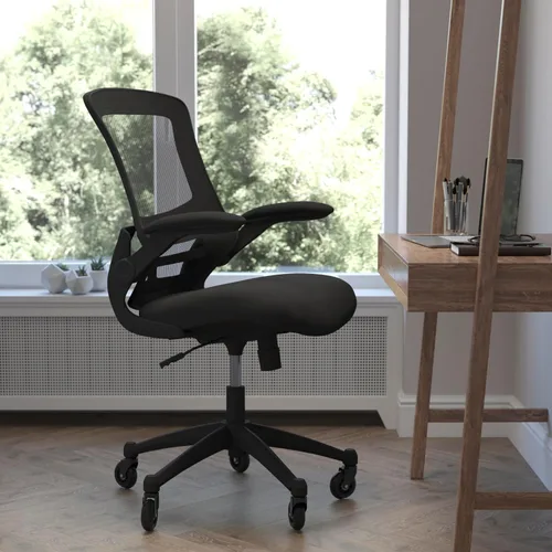 Miniatura 2 de Flash Furniture Kelista Silla de oficina ergonómica giratoria de malla negra con brazos abatibles y ruedas transparentes