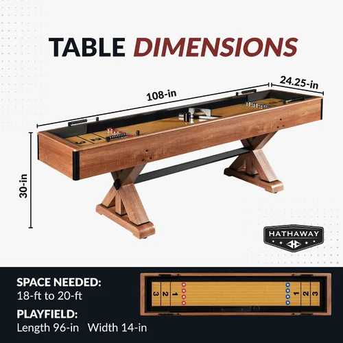 Miniatura 2 de Hathaway Daulton Mesa de shuffleboard de 9 pies para salas de juegos familiares con paredes laterales acolchadas, niveladores de patas, 8 discos