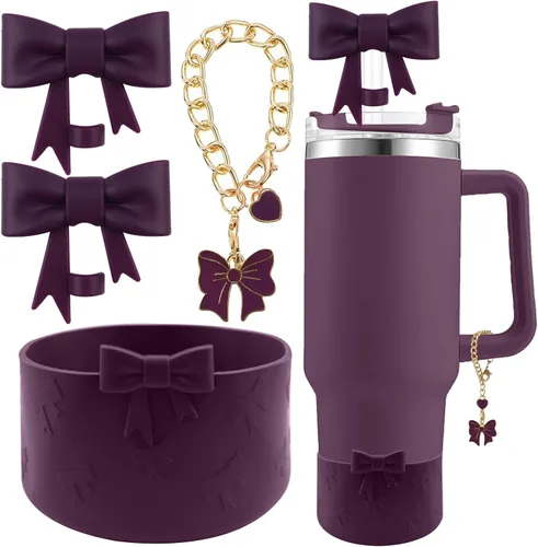 Miniatura 22 de Conjunto de accesorios para taza Hpebl para Stanley, incluye 2 tapas de pajita con moño lindo de 10 mm, tapones reutilizables para pajita, 1 funda