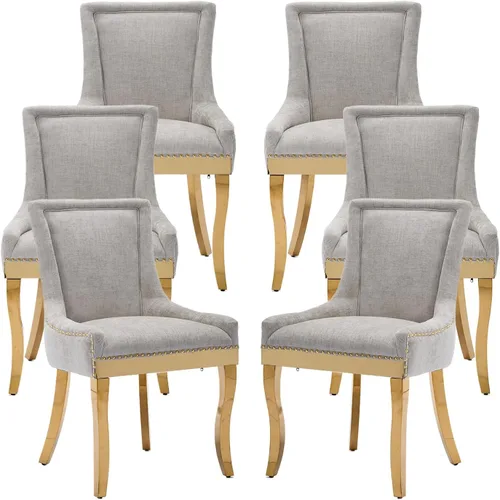 Miniatura 10 de Sillas de Comedor - Juego de 6 sillas de comedor modernas, tapizadas de tela con respaldo alto con ribete de cabeza de clavo y patas curvas