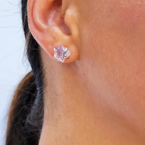 Miniatura 32 de Natural raw gemstone stud earrings with white gold over 925 sterling silver, 6 to 7mm rough genuine quality birthstone gift for her, Uniquelan