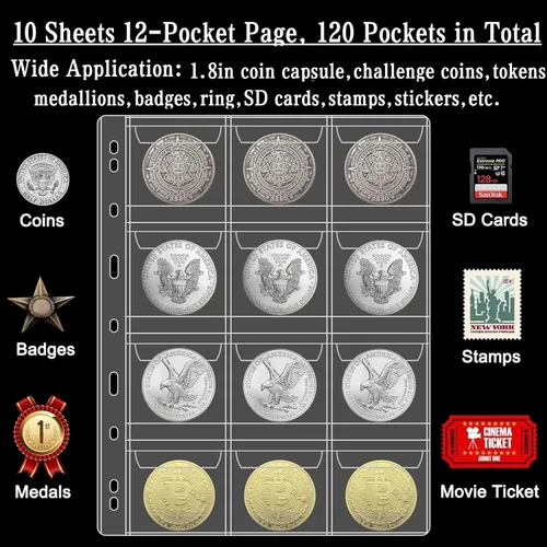 Miniatura 2 de Ettonsun 10 hojas de bolsillo para monedas, tamaño estándar, 9 agujeros, 120 bolsillos para la mayoría de tamaños Página de billetes de banco de 3