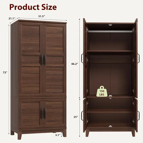 Miniatura 2 de GarveeHome Armario de 72 pulgadas de alto con 4 puertas, armario grande de madera con barra para colgar y estantes ajustables, armario