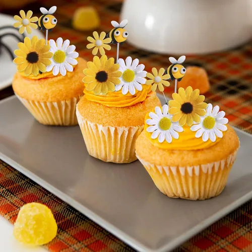 Miniatura 7 de RAYNAG 44 decoraciones para pasteles de abeja y girasol, juego de adornos de pastel de abeja de girasol para decoraciones de fiesta de cumpleaños