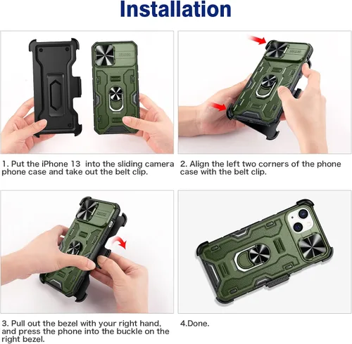 Miniatura 7 de VEGO Funda para iPhone 13 y iPhone 14 con soporte de clip para cinturón, cubierta deslizante para cámara y soporte magnético giratorio de 360°