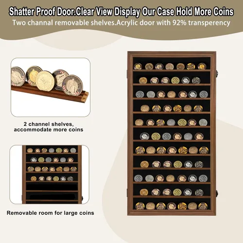 Miniatura 3 de Jinchuan Expositor de Monedas Militares con Cerradura, Gabinete de Exhibición, Caja de Sombra con Estantes Desmontables de 2 Ranuras y Vidrio