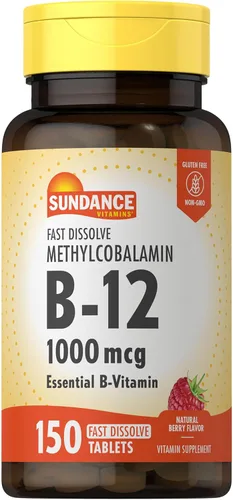 Sundance B-12 Metilcobalamina 1,000 mcg | 150 tabletas de disolución rápida | Sabor natural de bayas | Suplemento vitamínico esencial vegetariano,