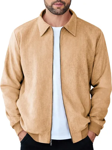 Miniatura 7 de COOFANDY Chaqueta bomber casual de ante para hombre, ligera, con cremallera completa, chaqueta de piel sintética vintage