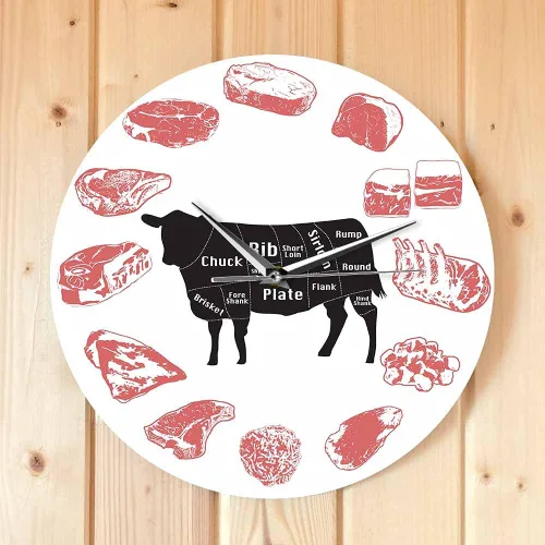 Miniatura 4 de The Geeky Days Angus Beef Chart - Reloj de pared minimalista con diseño de carne, casa de carne, cocina de granja, arte de pared, silencioso, reloj