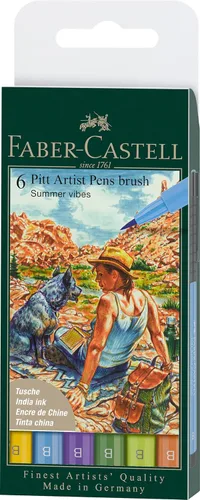 Faber-Castell Art & Graphic Pitt Artist Pen Brush India Ink Pen, Summer Vibe, Cartera de 6, para arte, manualidades, dibujo, bocetos, hogar,