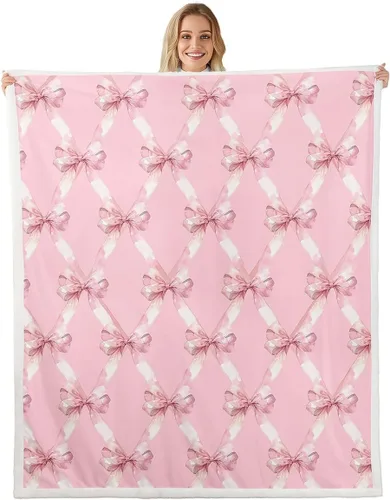 Manta de franela con lazo rosa, manta de vellón con lazo en acuarela para decoración del hogar, sofá, sofá, manta de forro polar kawaii de dibujos