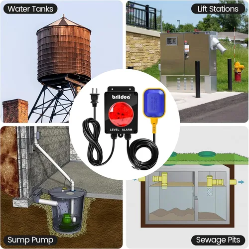 Miniatura 7 de briidea - Alarma de bomba de sumidero, alarma de tanque séptico de alta agua para interiores y exteriores con alarma fuerte de 110 dB e indicador