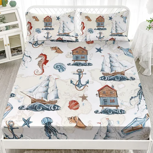 Miniatura 4 de HOSIMA Ropa de cama náutica, sábana bajera ajustable de anclaje de velero, cama individual en una bolsa para niños, decoración de habitación