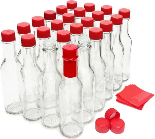 Miniatura 7 de nicebottles Botellas de salsa picante con tapas negras y bandas retráctiles, 5 onzas, paquete de 12 Gorras negras y bandas retráctiles