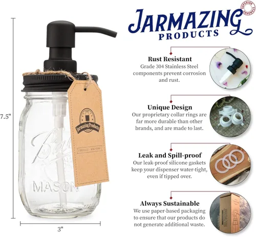 Miniatura 2 de Jarmazing Products Mason dispensador de jabón, diseño de frasco - Negro - Con frasco de 16 onzas - Hecho de acero inoxidable antioxidante