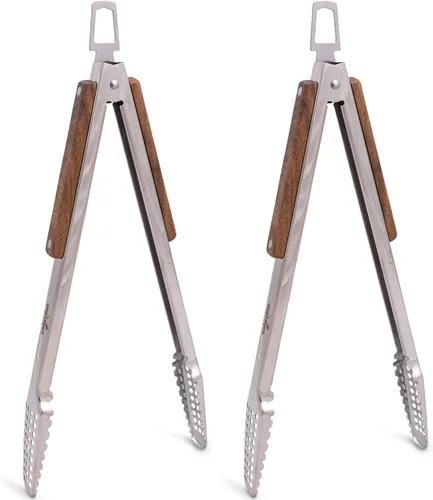 Miniatura 12 de Pinzas para barbacoa de acero inoxidable 18/0 de 9 pulgadas con mango ergonómico de madera de roble real para cocinar, accesorio duradero