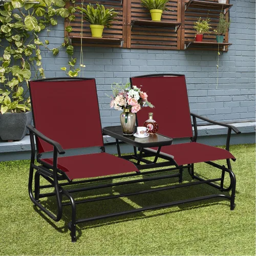 Miniatura 2 de Giantex Banco columpio para exteriores, silla oscilante con estructura de metal, mesa central de vidrio templado, asiento deslizante para dos Borgoña