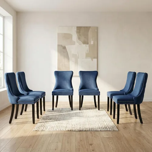 Miniatura 25 de OVENTA Juego de 4 sillas de comedor modernas tapizadas con respaldo completo, sillas de comedor de terciopelo dorado con patas de madera maciza