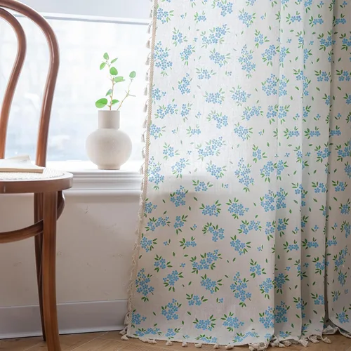 Miniatura 6 de ENJOYBRIDAL - Cortinas azules florales de 63 pulgadas, juego de 2 paneles, cortinas semi transparentes, cortinas cortas para sala de estar, bolsillo