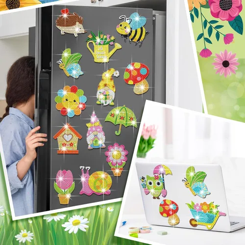 Miniatura 7 de Umigy 16 piezas de arte de diamantes de primavera para refrigerador, kits de pintura de diamantes de abeja de primavera, mariposa, gnomo, arte