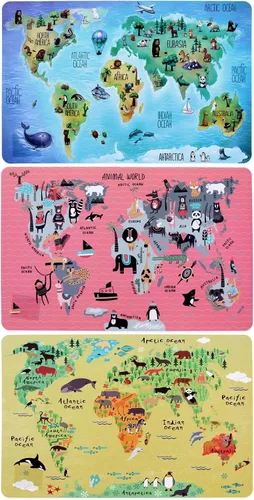 Juego de 3 manteles individuales con diseño de mapa del mundo, diseño educativo de geografía de animales, para niños, mesa de plástico, divertidos,