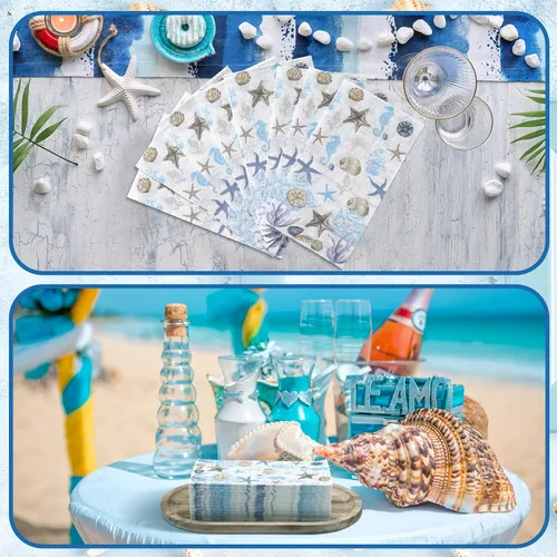 Miniatura 4 de Jetec 100 servilletas de papel de playa costeras para baño, desechables, para invitados, náutico, océano, mar, azul, estrella de mar, toallas