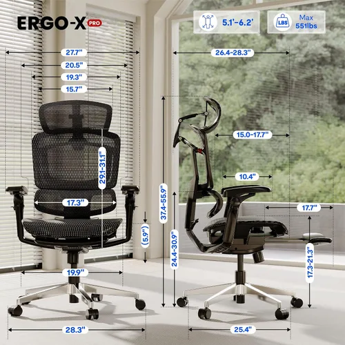Miniatura 2 de FLEXISPOT Silla ergonómica de oficina ErgoX-PRO con reposapiés negro – Asiento de malla AeroWeave 5.0, lumbar 5D, reposabrazos 7D, reposacabezas 4D