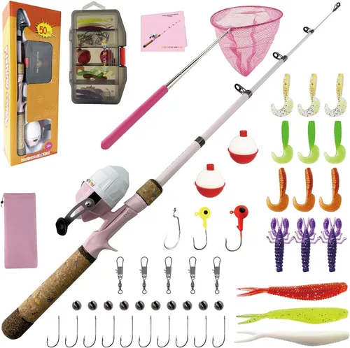 Kids Rod Set, Kids Fishing Rod and Reel Combo and Fishing Net Tackle Box with Fishing Lure Hook and Bag for Girls Beginners, Kids, Youth Anglers Rosa