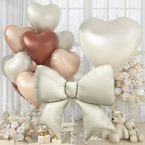 Miniatura 17 de Globos de Corazón Beige Neutro de 30", Globos de Papel de Aluminio con Lazo Grande, 10 Piezas de Globos Gigantes de Lazo Crema de 38" con Juego