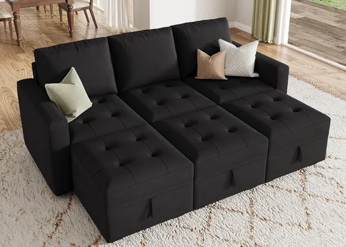 Miniatura 24 de HONBAY Sofá cama modular modular con cama extraíble, sofá en forma de L con asiento de almacenamiento, sofás seccionales para sala de estar, beige