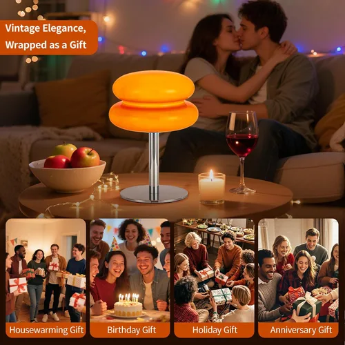 Miniatura 8 de Lámpara vintage de hongos, lámpara de cristal naranja con base de metal, lámpara de mesita de noche regulable para dormitorio, sala de estar