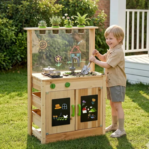 INFANS Cocina de barro, cocina de juego al aire libre con grifo de toldo, estufas, accesorios de cocina, fregadero extraíble, juego de cocina para