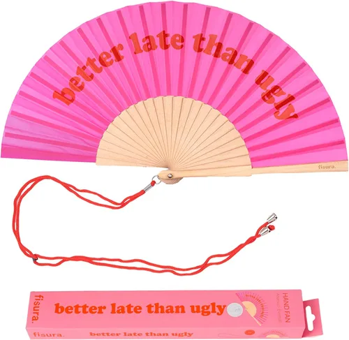 Fisura Ventilador plegable original, mejor tarde que feo, abanicos de mano de madera para mujeres plegables - Diseño rosa y rojo para raves,