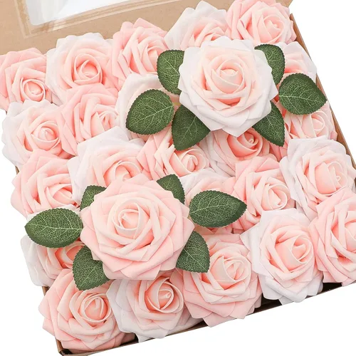 Floroom Flores artificiales, 25 piezas de rosas falsas de espuma con tallos para ramos de boda, despedidas de soltera, centros de mesa rosados,