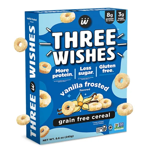 Cereales para el desayuno a base de plantas y veganos de Three Wishes, glaseado, 1 paquete, merienda rica en proteínas y baja en azúcar, libre de